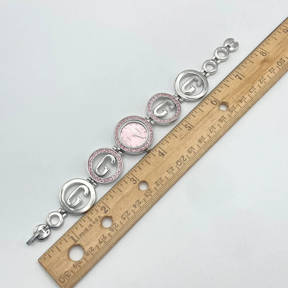 Geneva Women's Watch 26mm Silver Tone Pink Crystals Logo Band G New Battery 7